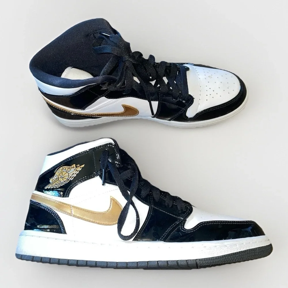 Nike Air Jordan 1 Sneakers Shoes Mid Patent Black White Gold 852542-007